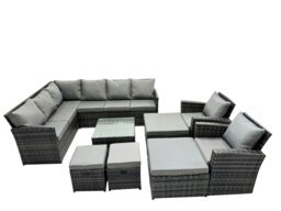 Rackhams 12 Seat Poly Rattan Outdoor Patio Coffee Table Corner Sofa Set with 4 Stools 2 Chairs for Garden Backyard Dark Grey Mixed - thumbnail 1