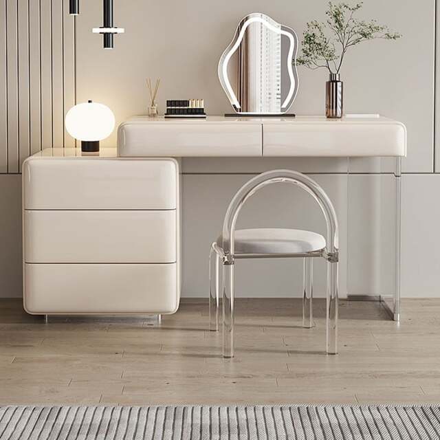 Rackhams Donnelly Dressing Table With LED Mirror, Cream - Cream - Chest Of Drawer On The LEFT - With Chair - image 1