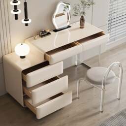 Rackhams Donnelly Dressing Table With LED Mirror, Cream - Cream - Chest Of Drawer On The LEFT - With Chair - thumbnail 3