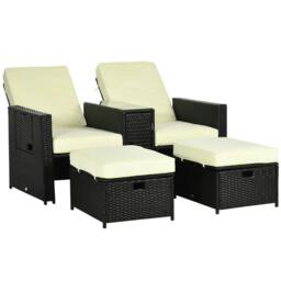Rackhams 5PC PE Rattan Sun Lounger, Outdoor Wicker 5-level Adjustable Recliner Sofa Bed with Storage Side Table and Footstools, Black - thumbnail 1