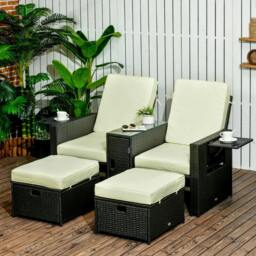 Rackhams 5PC PE Rattan Sun Lounger, Outdoor Wicker 5-level Adjustable Recliner Sofa Bed with Storage Side Table and Footstools, Black - thumbnail 2
