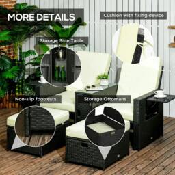 Rackhams 5PC PE Rattan Sun Lounger, Outdoor Wicker 5-level Adjustable Recliner Sofa Bed with Storage Side Table and Footstools, Black - thumbnail 6