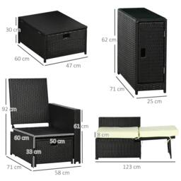 Rackhams 5PC PE Rattan Sun Lounger, Outdoor Wicker 5-level Adjustable Recliner Sofa Bed with Storage Side Table and Footstools, Black - thumbnail 3