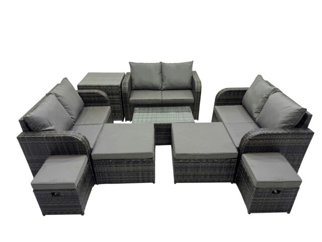 Rackhams Outdoor Love Sofa Coffee Table Set Garden Rattan Furniture Set 10 Seater with 4 Stools Side Table Dark Grey - image 1