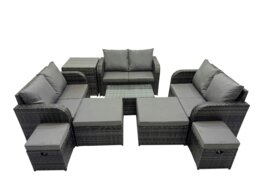 Rackhams Outdoor Love Sofa Coffee Table Set Garden Rattan Furniture Set 10 Seater with 4 Stools Side Table Dark Grey - thumbnail 1