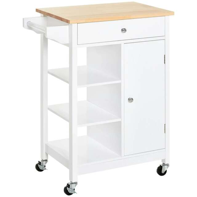 Rackhams Kitchen Trolley, Kitchen Island on Wheels, w/ Wood Top, 3 Shelves and Storage Cupboard, White - image 1