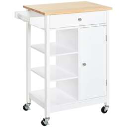 Rackhams Kitchen Trolley, Kitchen Island on Wheels, w/ Wood Top, 3 Shelves and Storage Cupboard, White - thumbnail 1