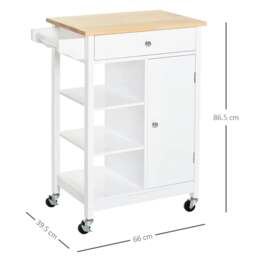 Rackhams Kitchen Trolley, Kitchen Island on Wheels, w/ Wood Top, 3 Shelves and Storage Cupboard, White - thumbnail 3