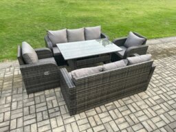 Rackhams 8 Seater Lounge Rattan Sofa Set Outdoor Garden Furniture Oblong Rectangular Dining Table With Adjustable Chair 3 Seater Sofa Dark Grey Mixed - thumbnail 2
