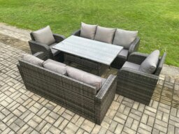 Rackhams 8 Seater Lounge Rattan Sofa Set Outdoor Garden Furniture Oblong Rectangular Dining Table With Adjustable Chair 3 Seater Sofa Dark Grey Mixed - thumbnail 1