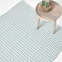 Rackhams Cotton Hand Woven Gingham Check Rug - Blue - 110 x 170 cm - thumbnail 1
