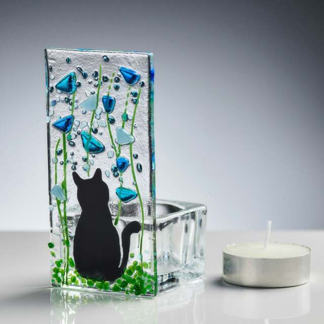 Rackhams Fused Glass Tea Light Holder – Cat & Forget Me Not Design (Handmade) - image 1
