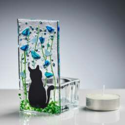 Rackhams Fused Glass Tea Light Holder – Cat & Forget Me Not Design (Handmade) - thumbnail 1