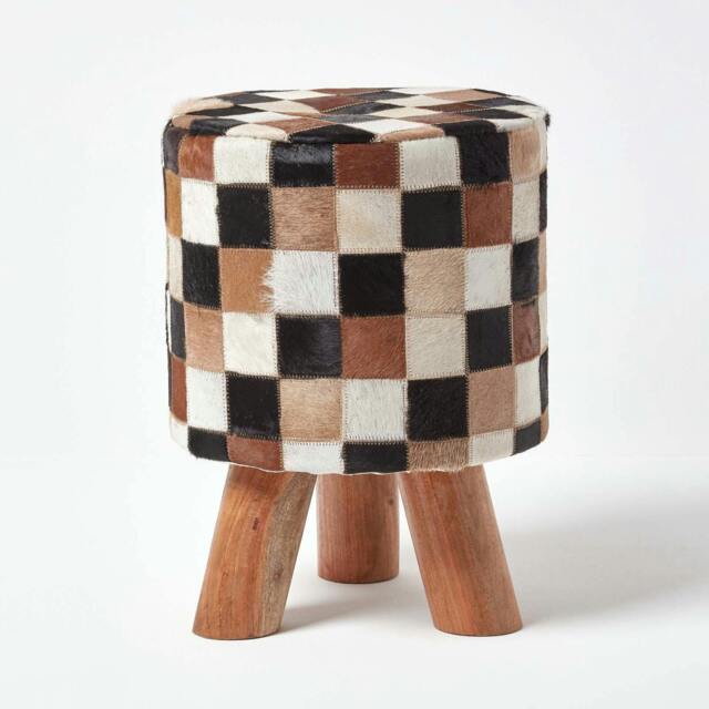Rackhams Cream, Brown and Tan Hide Check Stool with Wooden Legs - Multi - image 1