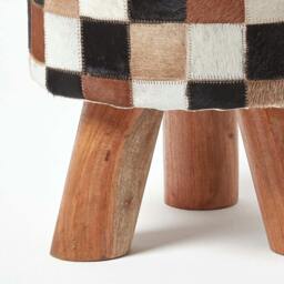 Rackhams Cream, Brown and Tan Hide Check Stool with Wooden Legs - Multi - thumbnail 4