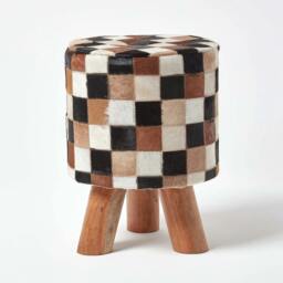 Rackhams Cream, Brown and Tan Hide Check Stool with Wooden Legs - Multi - thumbnail 1