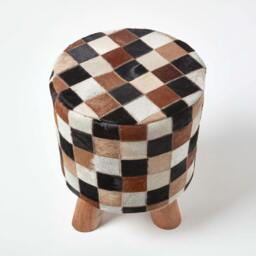 Rackhams Cream, Brown and Tan Hide Check Stool with Wooden Legs - Multi - thumbnail 3