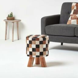 Rackhams Cream, Brown and Tan Hide Check Stool with Wooden Legs - Multi - thumbnail 2
