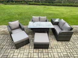 Rackhams Lounge Rattan Sofa Set Outdoor Garden Furniture Oblong Rectangular Dining Table With Chairs 2 Big Footstool Side Table 7 Seater Dark Grey Mixed - thumbnail 1
