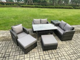 Rackhams Lounge Rattan Sofa Set Outdoor Garden Furniture Oblong Rectangular Dining Table With Chairs 2 Big Footstool Side Table 7 Seater Dark Grey Mixed - thumbnail 2