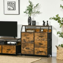 Rackhams Bedroom Chest of Drawers with 5 Fabric Drawers, Open Shelf, Rustic Brown - Rustic Brown - 5