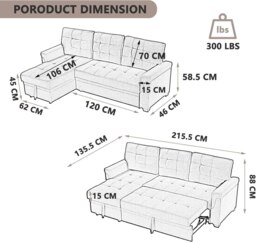 Rackhams L Shapred Corner Sofa Bed with Storage, Padded Sectional Transformable Sofa & Reversible Storage Chaise - Dark Gray - Linen - thumbnail 3