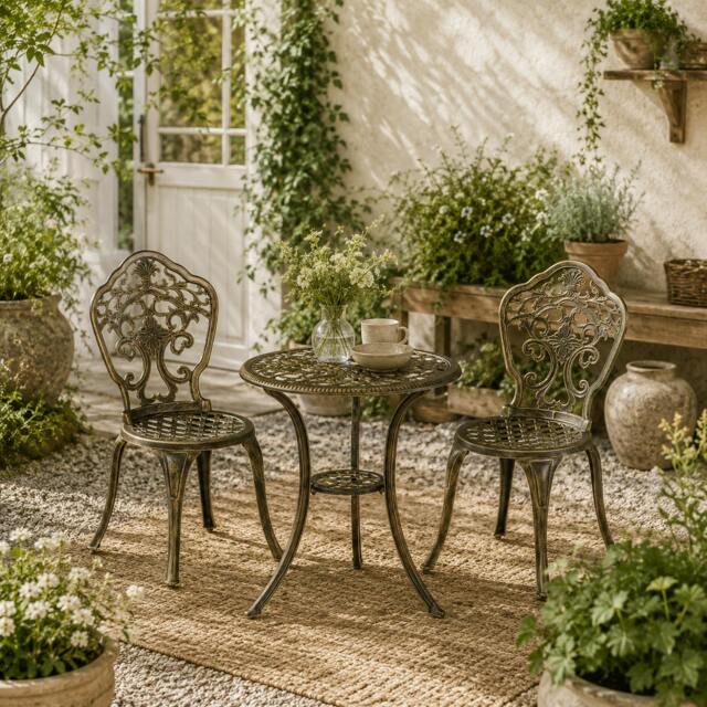 Rackhams Bava Cast Aluminium Bronze 3 Piece Garden Bistro Set With Parasol Hole Round Table - image 1