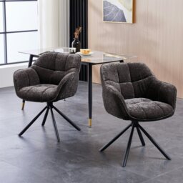 Rackhams Padded Dining Chair, 180° Auto Rotate Chenille Fabric Vanity Armchair with Metal Frame, Max Load 150 KGS - 2 PCS - Grey