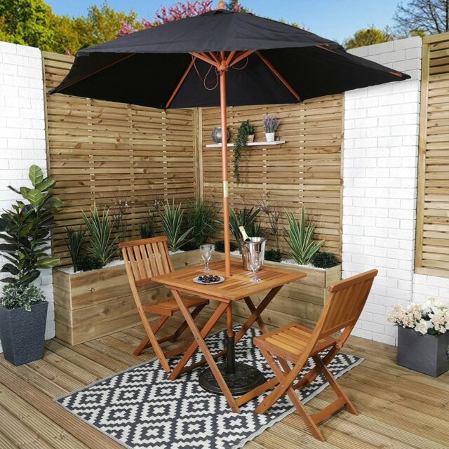 Rackhams Outdoor 2 Person Folding Square Wooden Garden Patio Dining Table Chairs Parasol and Base Set - Outdoor Furniture Sets - image 1