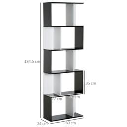 Rackhams Bookcase, S-Shaped Wooden Bookshelf, 5/6 Tiers Freestanding Storage Shelf, Home Office Decorative Display Stand Rack, Black and White - thumbnail 3