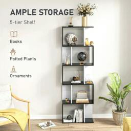 Rackhams Bookcase, S-Shaped Wooden Bookshelf, 5/6 Tiers Freestanding Storage Shelf, Home Office Decorative Display Stand Rack, Black and White - thumbnail 4