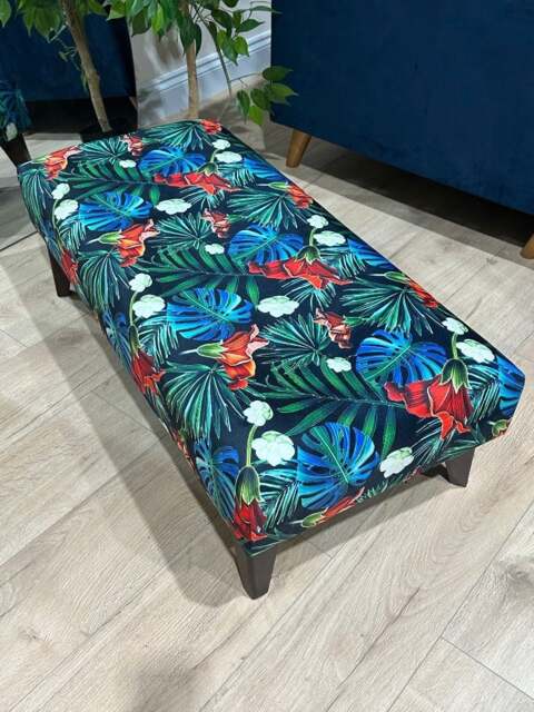 Rackhams Blue Jungle Floral Ottoman Bench – Multi-Use Footstool & Coffee Table UK Handmade - 43 x 43 Inches (110 x 110cm) - image 1