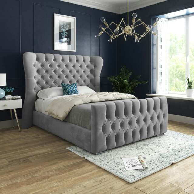 Rackhams Parma Wide Curved Winged Upholstered Soft Velvet Bed Frame - Grey - Grey - Small double - image 1