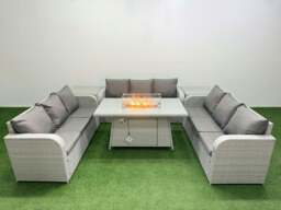 Rackhams PE Rattan Lounge Sofa Set 9 Seater Outdoor Garden Furniture Set with Fire Pit Dining Table 3 Seater Sofa 2 Side Table Light Grey - thumbnail 1