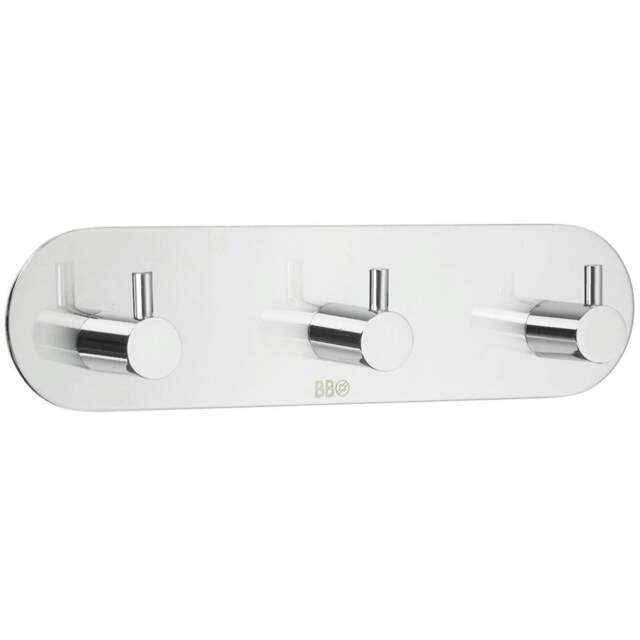 Rackhams Chrome Stainless Steel Triple Towel Hook (190 x 48mm) Self Adhesive Bathroom Wall Mounted