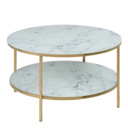 Rackhams Alisma Round Coffee Table with Marble Effect Glass Top & Gold Legs - 1 - White and Gold - White