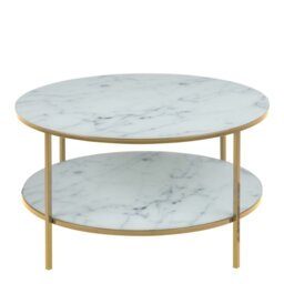 Rackhams Alisma Round Coffee Table with Marble Effect Glass Top & Gold Legs - 1 - White and Gold - White - thumbnail 2