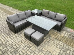 Rackhams Outdoor Rattan Garden Furniture Sets Height Adjustable Rising lifting Dining Table Sofa Set with Side Table 2 Small Footstools Dark Grey Mixed - thumbnail 2