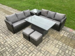Rackhams Outdoor Rattan Garden Furniture Sets Height Adjustable Rising lifting Dining Table Sofa Set with Side Table 2 Small Footstools Dark Grey Mixed - thumbnail 1