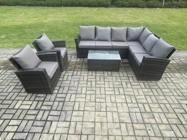 Rackhams 8 Seater High Back Outdoor Garden Furniture Set Rattan Corner Sofa Set With Rectangular Coffee Table 2 Armchairs Dark Grey Mixed - image 1