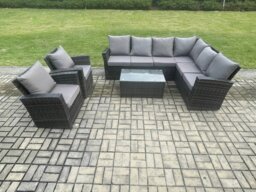 Rackhams 8 Seater High Back Outdoor Garden Furniture Set Rattan Corner Sofa Set With Rectangular Coffee Table 2 Armchairs Dark Grey Mixed - thumbnail 1