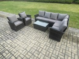 Rackhams 8 Seater High Back Outdoor Garden Furniture Set Rattan Corner Sofa Set With Rectangular Coffee Table 2 Armchairs Dark Grey Mixed - thumbnail 2
