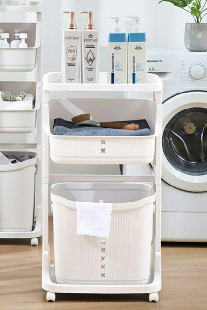Rackhams 3-Tier Detachable Laundry Basket Fruit Vegetable Storage Rack Kitchen Trolley Cart with Wheels - White - image 1