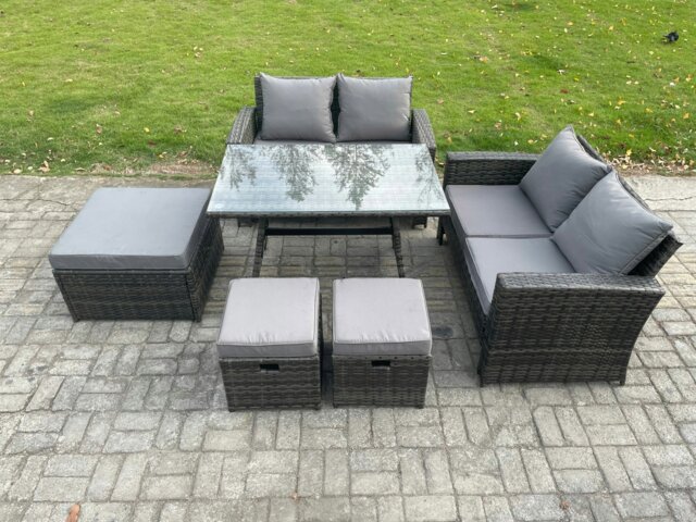 Rackhams 7 Seater Garden Dining Set Wicker PE Rattan Outdoor Furniture Sofa with Rectangular Dining Table Double Seat Sofa 3 Footstools Dark Grey Mixed - image 1