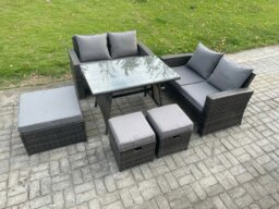 Rackhams 7 Seater Garden Dining Set Wicker PE Rattan Outdoor Furniture Sofa with Rectangular Dining Table Double Seat Sofa 3 Footstools Dark Grey Mixed - thumbnail 2