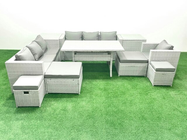 Rackhams Rattan Garden Furniture Dining Set 11 Seater Lounge Sofa Chair Dining Table Set with 4 Footstools 2 Side Tables Light Grey Mixed - image 1