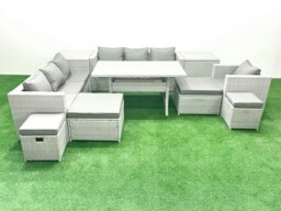 Rackhams Rattan Garden Furniture Dining Set 11 Seater Lounge Sofa Chair Dining Table Set with 4 Footstools 2 Side Tables Light Grey Mixed - thumbnail 1