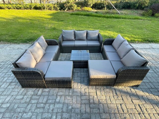 Rackhams 11 Seater Outdoor Rattan Garden Furniture Set Conservatory Patio Sofa Coffee Table With 2 Big Footstool Dark Grey Mixed - image 1