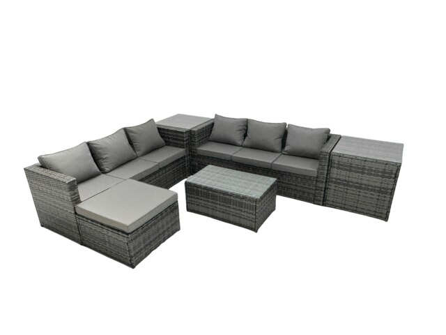 Rackhams Rattan Garden Furniture Dining Set 7 seater Patio Coffee Table Sofa Set with 2 Side Tables Big Footstool Dark Grey Mixed - image 1