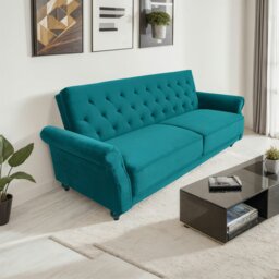 Rackhams Velvet Sofa Bed 3 Seater - 225cm - Click Clack Sofa Bed Couch Settee with Solid Wood Legs - Blue - thumbnail 1